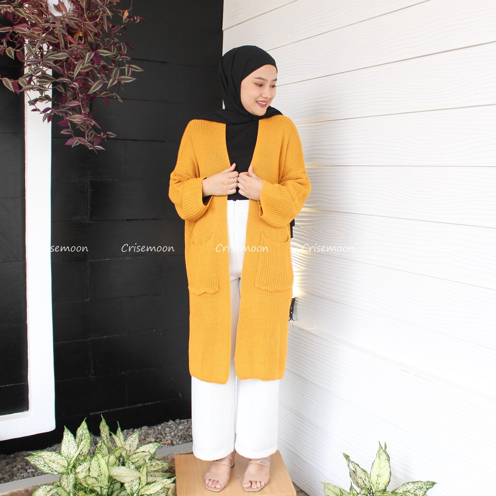 Long cardigan rajut oversize / cardigan Rajut panjang / Cardigan Rajut Longcardy Oversize Tebal-MUSTARD