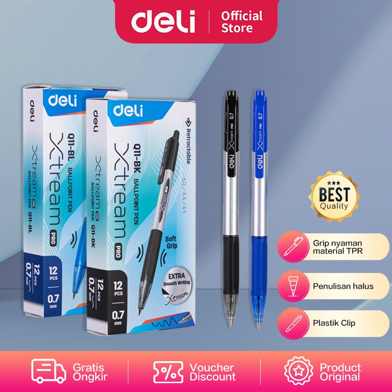 

Deli Ballpoint Pen Pulpen 0.7mm Tinta Hitam / Tinta Biru EQ11 1 PCS