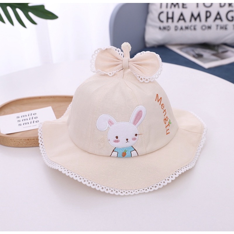 Topi Bucket Anak Bayi Model Rabbit Mengdu Bahan Jaring Musim Panas-Beige