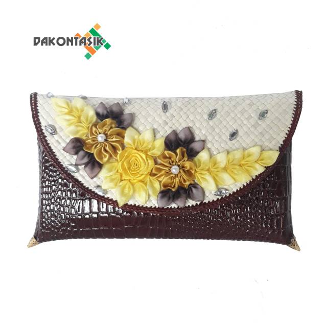 [TERLARIS] Dompet Pesta anyaman pandan croco / clutch Kondangan bunga etnik cantik Plus Rantai