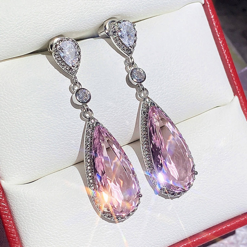 Anting Tusuk Gantung Hias Cubic Zirconia Warna Pink Gaya Mewah Untuk Wanita