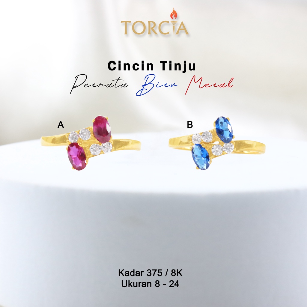 Cincin Emas Asli Tinju Permata Biru Merah Kadar 375 Torcia