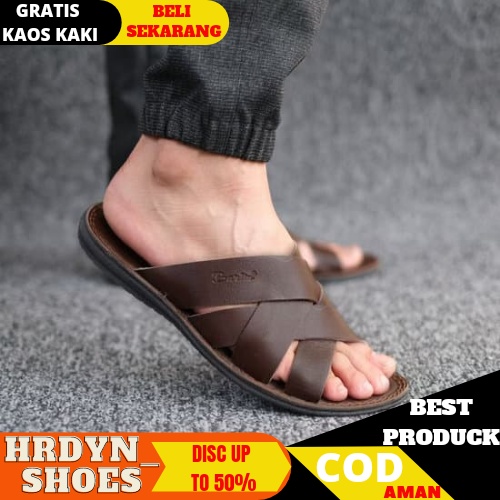 sandal sendal slop pria cowok laki laki dewasa casual kulit asli murah original BARLIN sandal kulit sampai ke alas nya