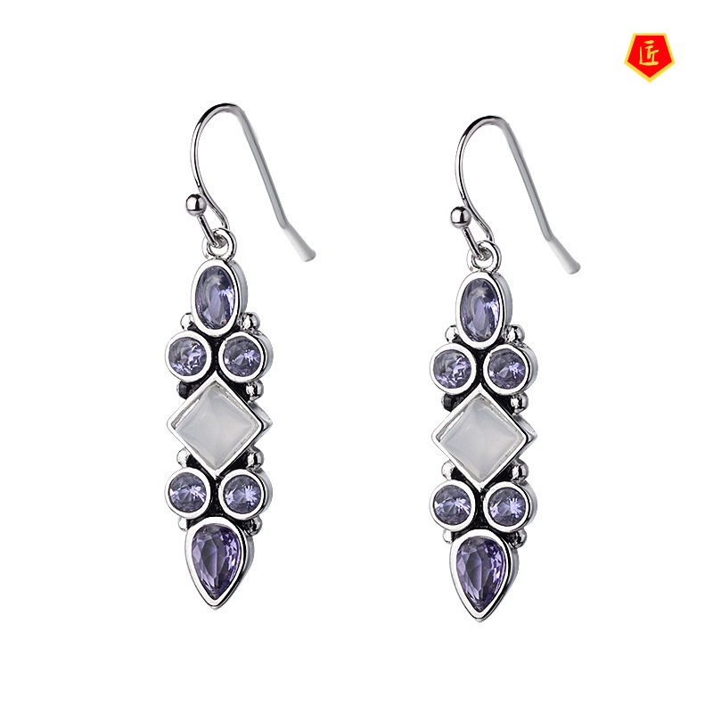 [Ready Stock]New Elegant Retro Silver Amethyst Moonstone Earrings