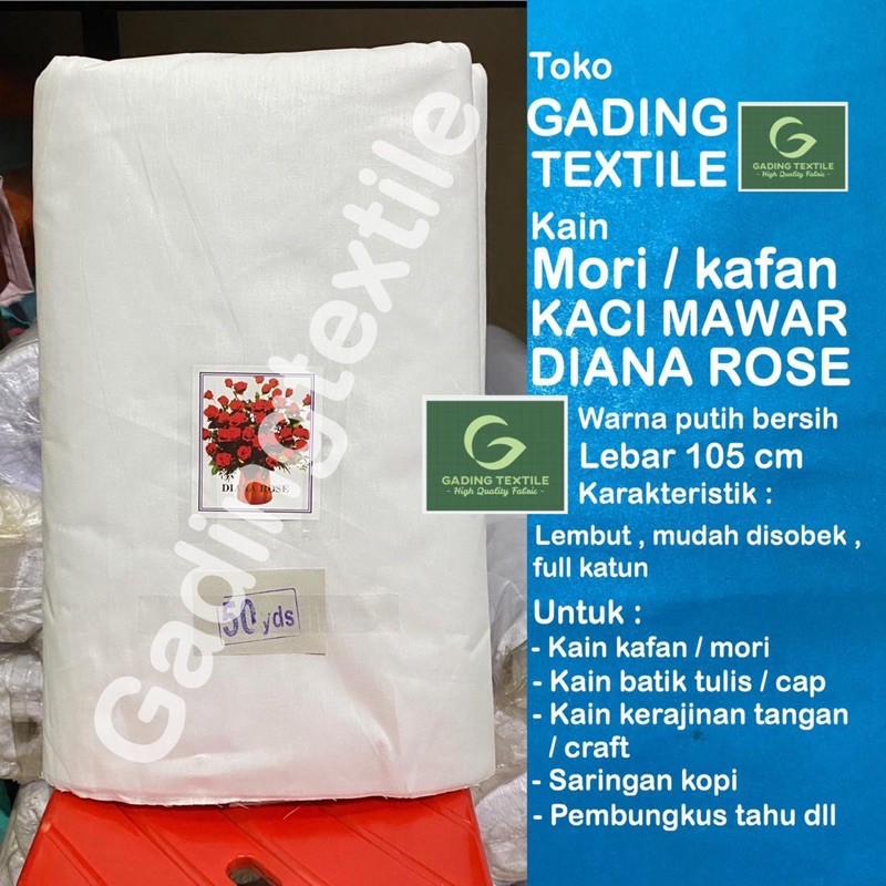 ( per 1 roll ) kain kafan mori putih cap MAWAR DIANA ROSE lebar 105 cm isi 45 meter bahan katun prima batik membatik saringan kopi teh susu kacang kedelai cheese cloth bungkus pembungkus tahu craft kerajinan tangan ecoprint eco print batis