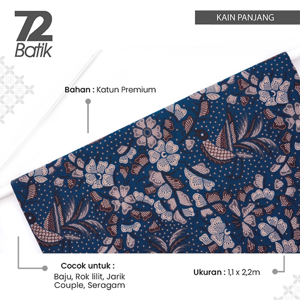 KAIN BATIK KATUN Premium Motif Burung Kembang Warna Biru Putih 728944 CAP 72 - Jarik Jarit Samping K