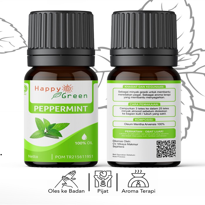 BPOM Happy Green Peppermint Essential Oil  - Minyak Mint 100% Pure Murni Garansi Uang Kembali