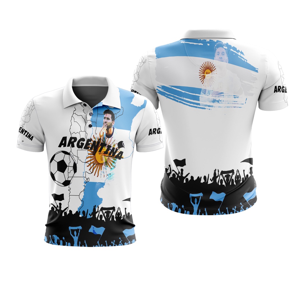 Kaos Polo Wangki Sepak Bola Piala Dunia Qatar 2022 Argentina Putih Custom Full Printing