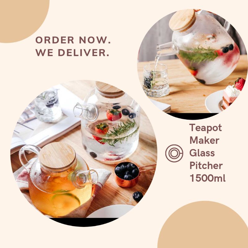 Teko Kaca Pitcher Kaca Teapot Teko Teh Air Panas Tutup Kayu  Teko Kaca Tahan Panas1.5L - TP-7604