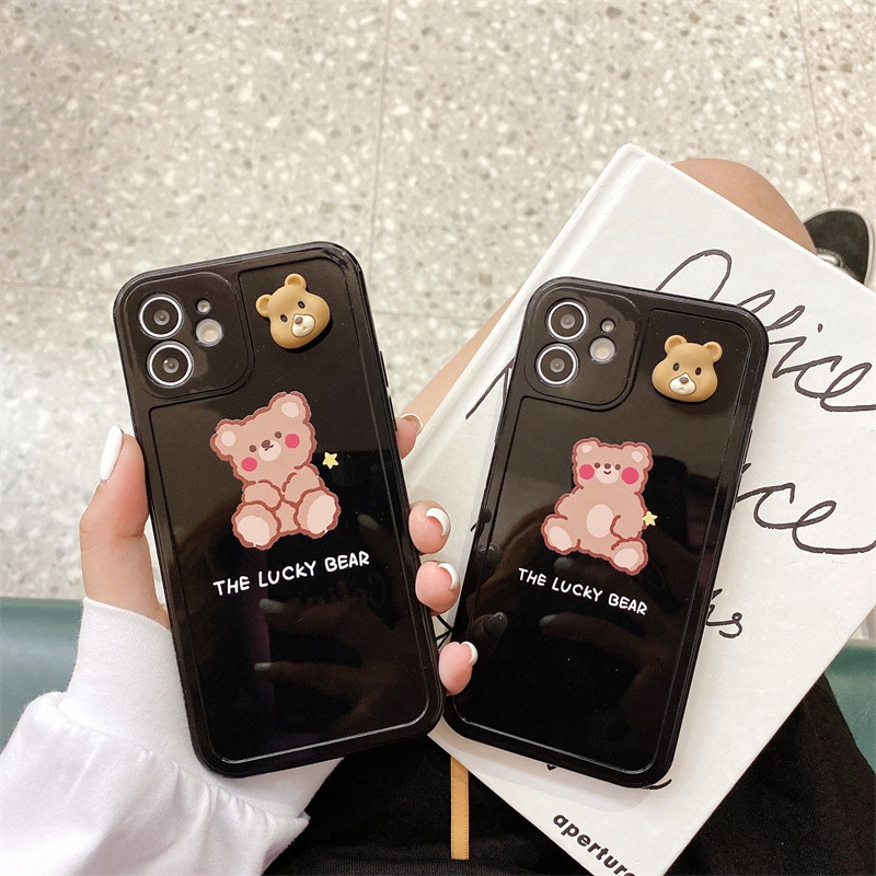 IPHONE 3d Rotatable Bear Couple Phone Case Cover Kartun Pelindung Lembut Untuk Iphone7 8 PLUS X XR XS 11 12 13 PRO MAX SE 2020
