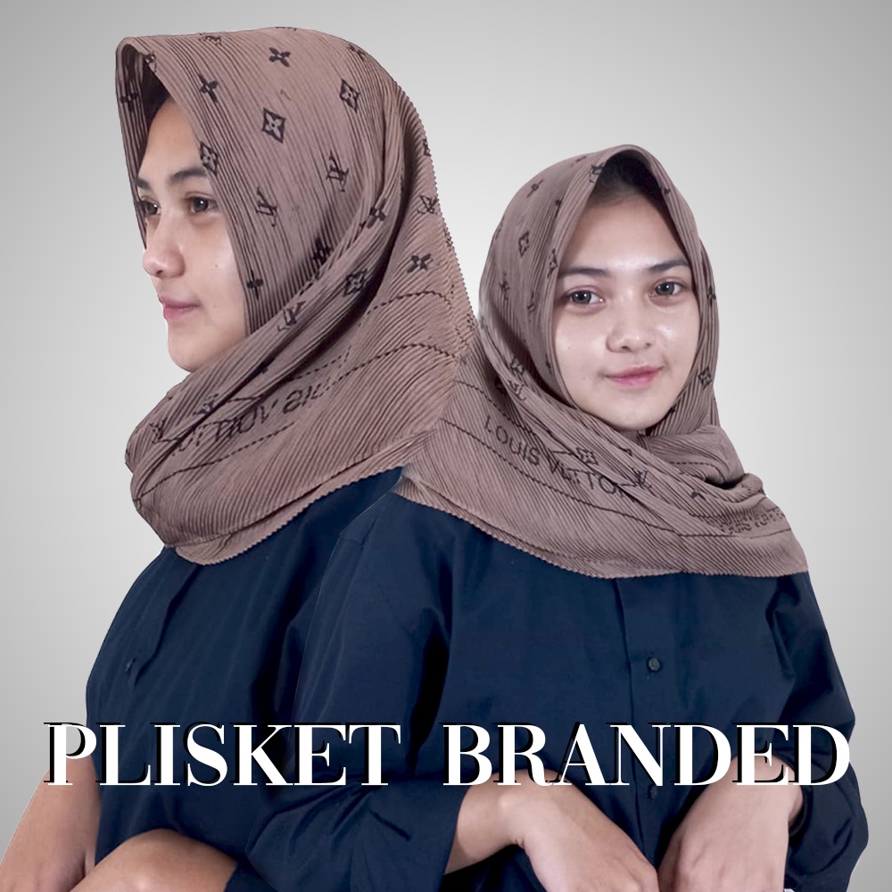 Hijab muslimah plisket segi empat motif branded