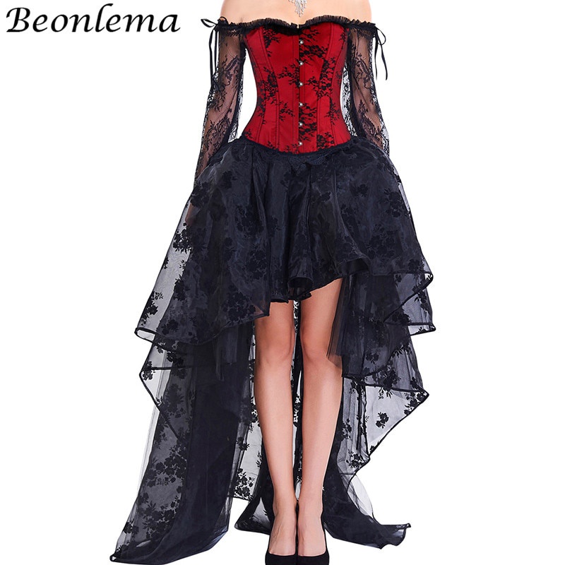 PREORDER Lengan Panjang Renda Korset Seksi Gothic Dress Merah Bustier Set Steampunk