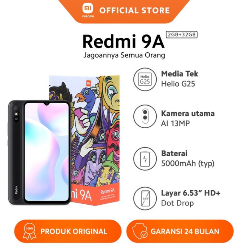 Xiaomi Redmi 9A 2GB/32GB, Garansi Resmi, IMEI terdaftar Kemenperin
