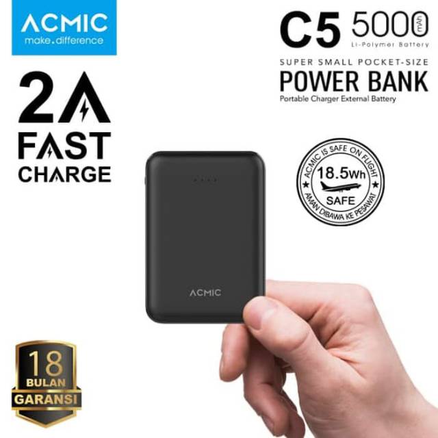 acmic C5 5000mah mini power bank (2A fast charge input & output) hitam&putih