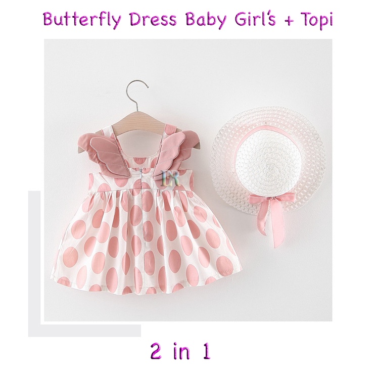 Dress + Topi Anak Bayi Perempuan Motif Polkadot Tanpa Lengan Dress Pantai Dengan Aksen Sayap Set Dress Girls Import Gaun Ulang Tahun Topi Pantai Atasan Dress Princess Musim Panas