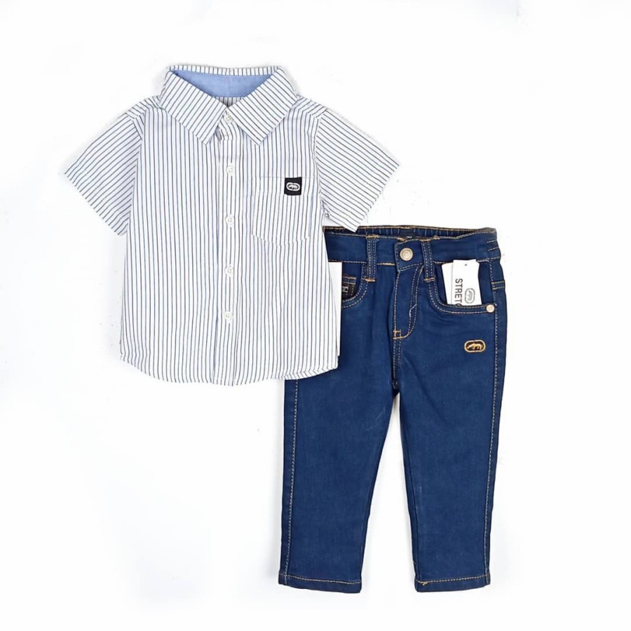 Setelan Anak Laki Kemeja Celana Jeans Stripe Biru Ecko Unltd / Kado Baju Set 2in1 Size 12m 10y 12y