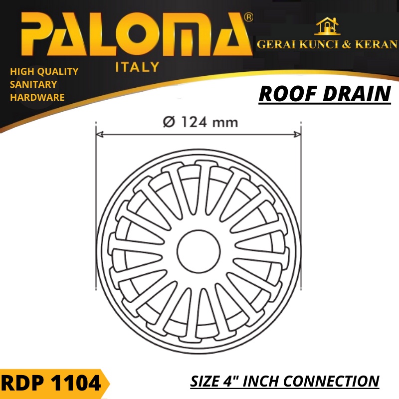 SARINGAN PEMBUANGAN TALANG AIR DAK ATAS ROOF DRAIN 4 INCH RDP 1104 PALOMA  CHROME BRASS KUNINGAN