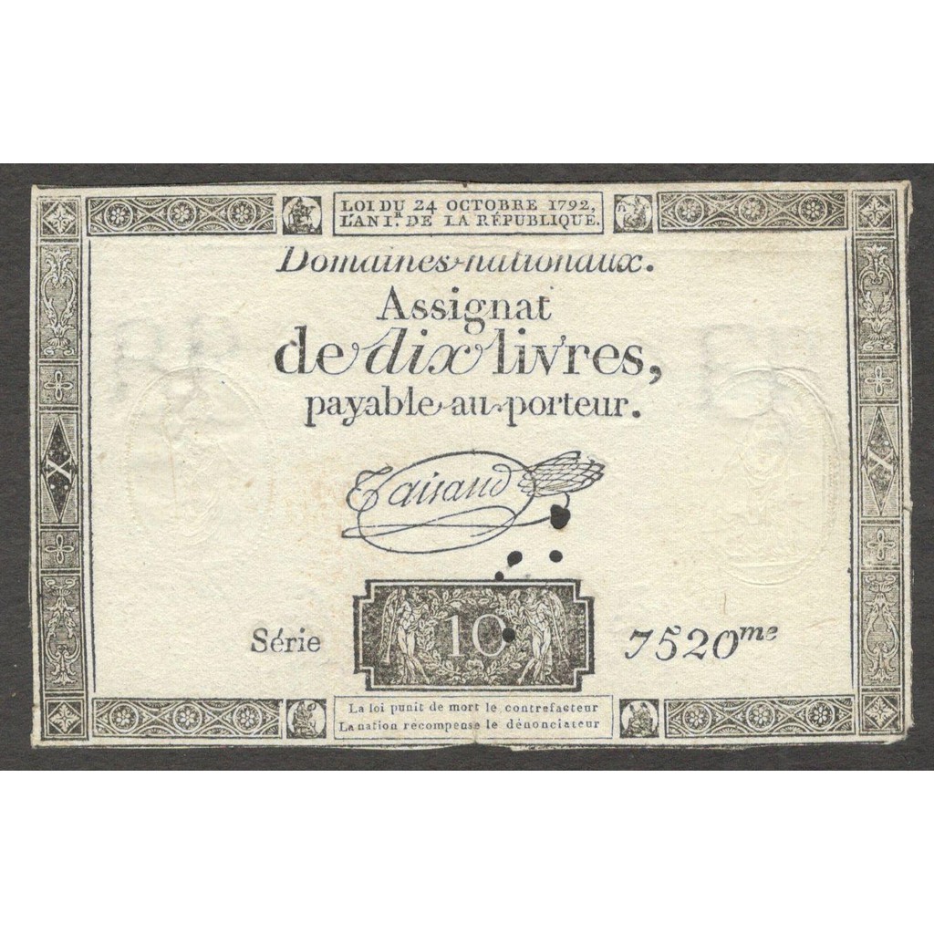 Uang Kertas era Revolusi Prancis Perancis 10 Livres 1792 Jaminan Asli