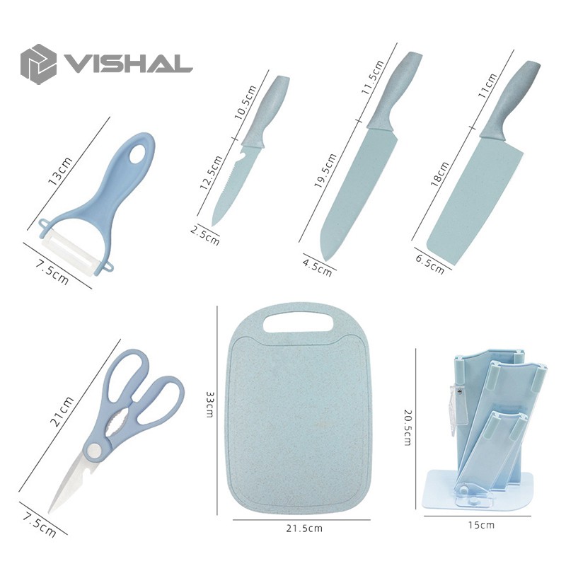 VISHAL 7 IN 1 Pisau + Talenan Masak Set Bahan Keramik Best Quality/Smart Chef/VS  | Pisau Dapur Set