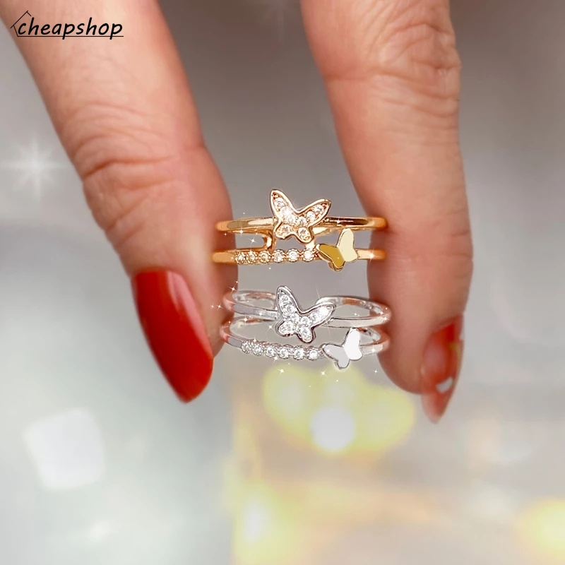 IFYOU Butterfly Heart Crystal Rings for Women Girls Adjustable Open Gold Rings 2021 Trend Fashion Jewelry Gifts