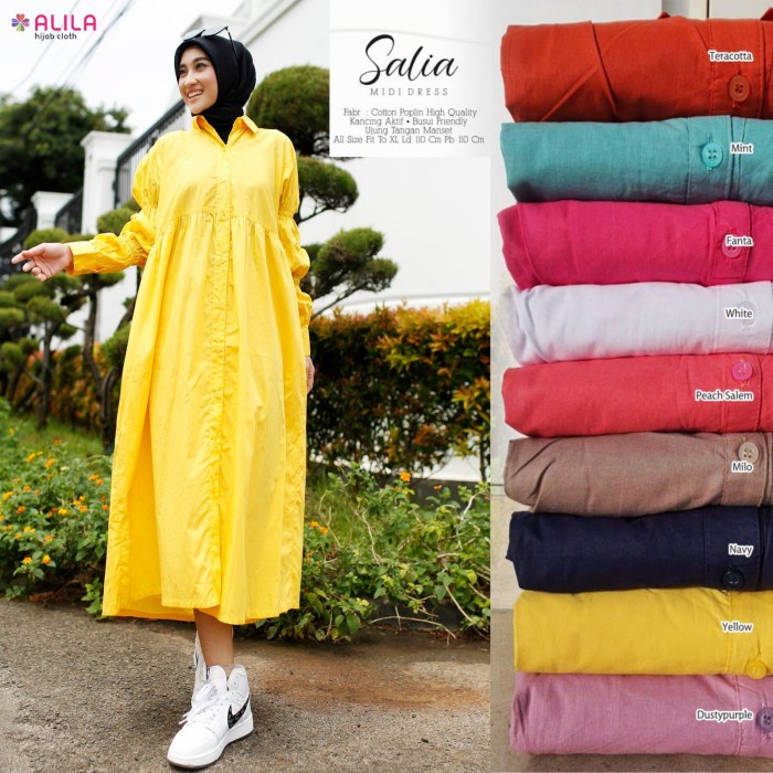 Midi Dress Salia Katun Poplin Polos Lengan Panjang Real Pic Busui - dusty purple, XL
