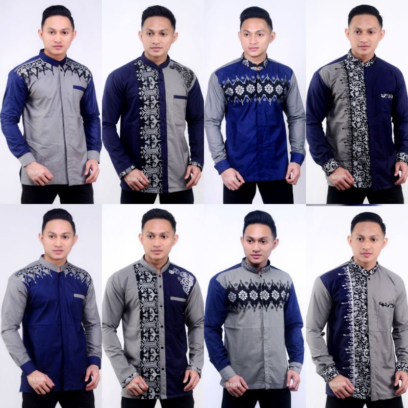 Baju Koko Pria Panjang Exclusive Warna Abu Abu Kombinasi Warna Biru Tua / Biru Dongker / Biru Navy, 
