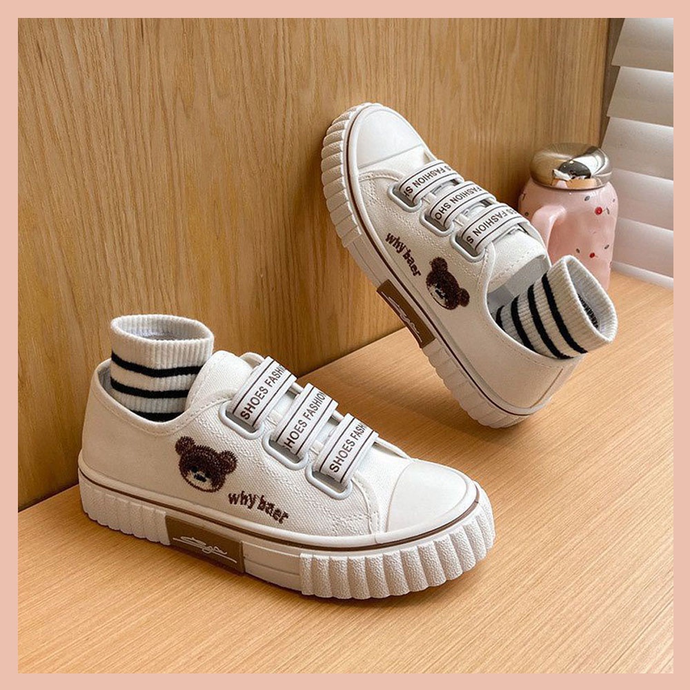 Sepatu Korean Style Why Bear Boyscode Fashion Tali Karet Hitam Putih / Sepatu Sneakers Canvas Wanita / Sepatu Kets Wanita