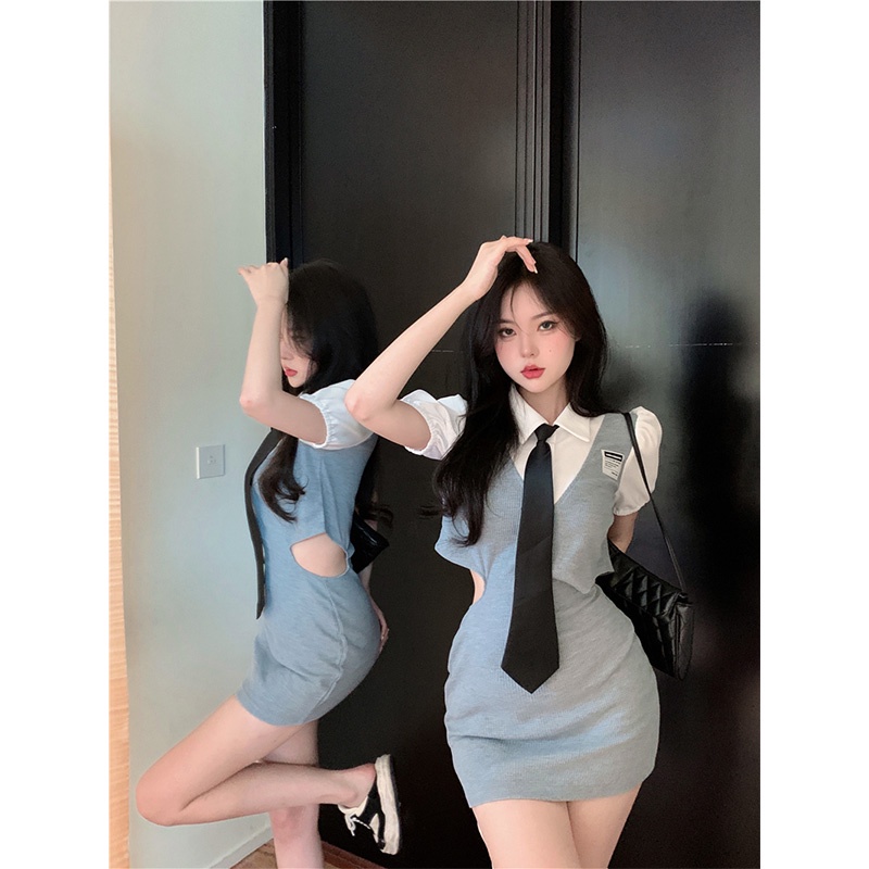 Mini Dress Perancis Temperamen Warna Kontras Jahitan Kecil Wewangian Tas Hip Gaun Wanita Musim Panas