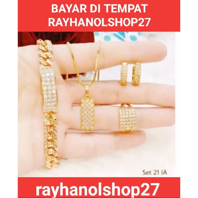 SET PERHIASAN WANITA DEWASA TITANIUM GOLD DAN SILVER MOTIF PLAT JUMBO DAN STANDAR FULL PERMATA LAPIS EMAS ANTI KARAT