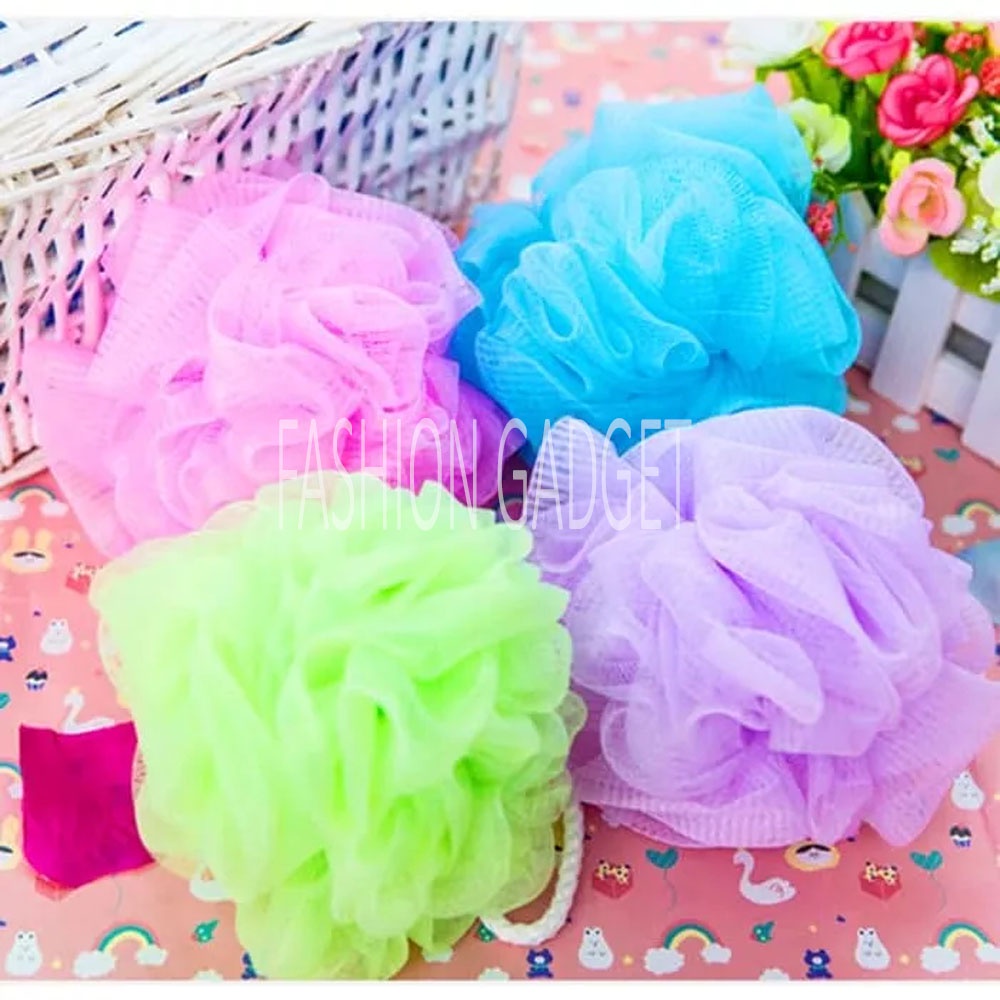 Spon Mandi BULAT / GAGANG PANJANG Karet Busa Spons Mandi Bath Sponge Shower Puff Busa Mandi Alat Gosok Badan Sabun Mandi - Warna Acak