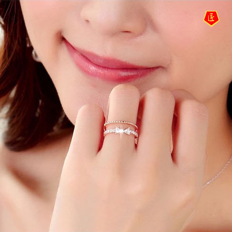 [Ready Stock]Bow Double-Layer Open-End Ring Simple Stylish