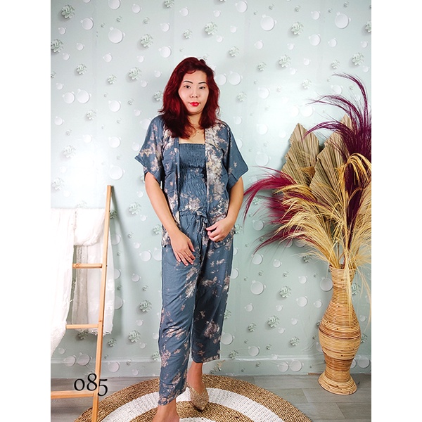 Baju Setelan 3in1 Wanita Kekinian Jumbo Set Cardigan Outer Kemben Tie Dye Abstrak Bunga