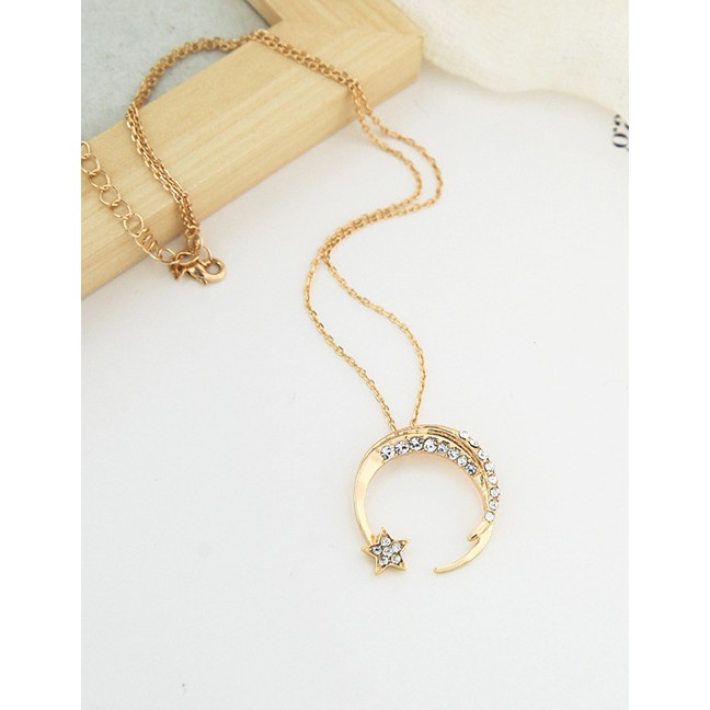 LRC Kalung Fashion Gold-2 Star And Moon Alloy Geometric Necklace K09863