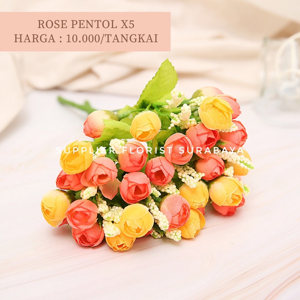 BUNGA ROSE PENTOL 1 TANGKAI BERCABANG 5, 1 CABANG ISI 3 KEPALA, TOTAL 15 KEPALA ARTIFICIAL FLOWER ARTIFISIAL FLOWER BUNGA PALSU PEMANIS BUKET BUNGA