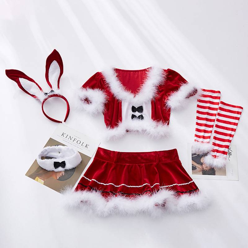 【Wetrose】Tiktok Super Seksi Lucu Merah Bunny Girl Gadis Seragam Cosplay Beludru Lingerie Set Untuk Natal Untuk X-Mas Christmas