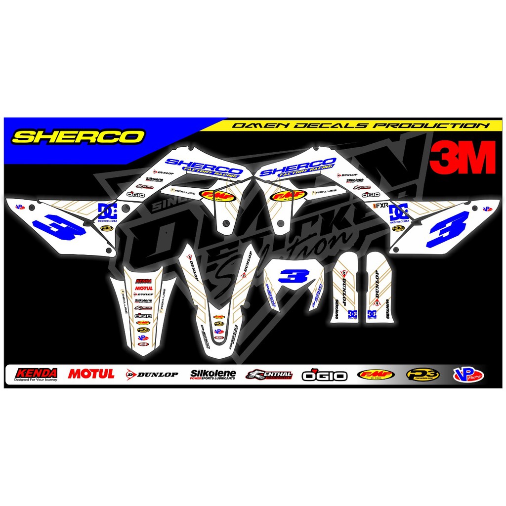 

DECAL MOTOR SHERCO LAMINASI 3M DESAIN SIMPEL ELEGANT WARNA PUTIH DENGAN LAMINASI PREMIUM 3M