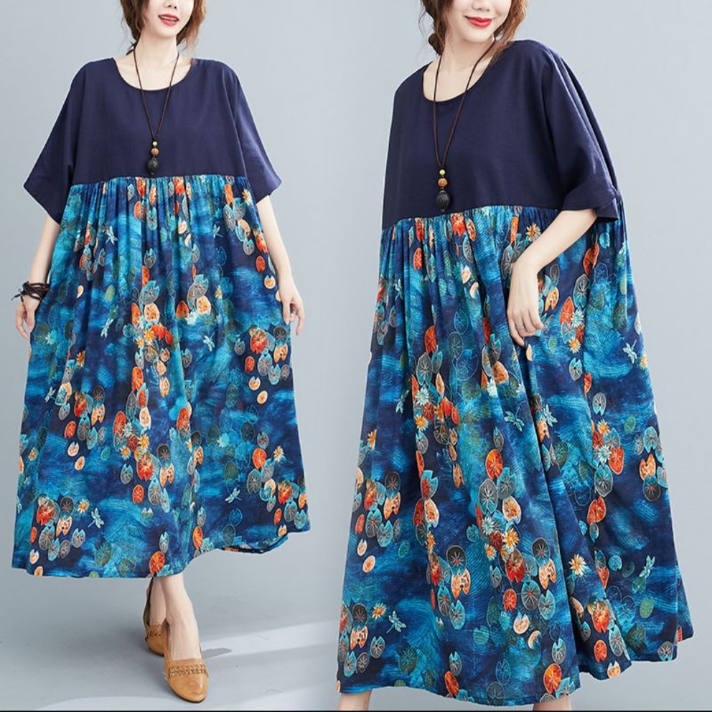 MDLV ~ 73005 Nevania Loose Dress Women Big Size Dress Import Dress Big size Dress Flower Dress Midi Dress Panjang Wanita Fashion import