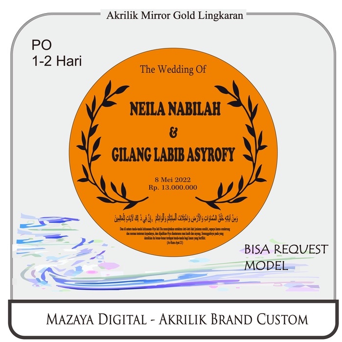 AKRILIK MIRROR GOLD bulat,  Custom Nama Dekorasi Mahar