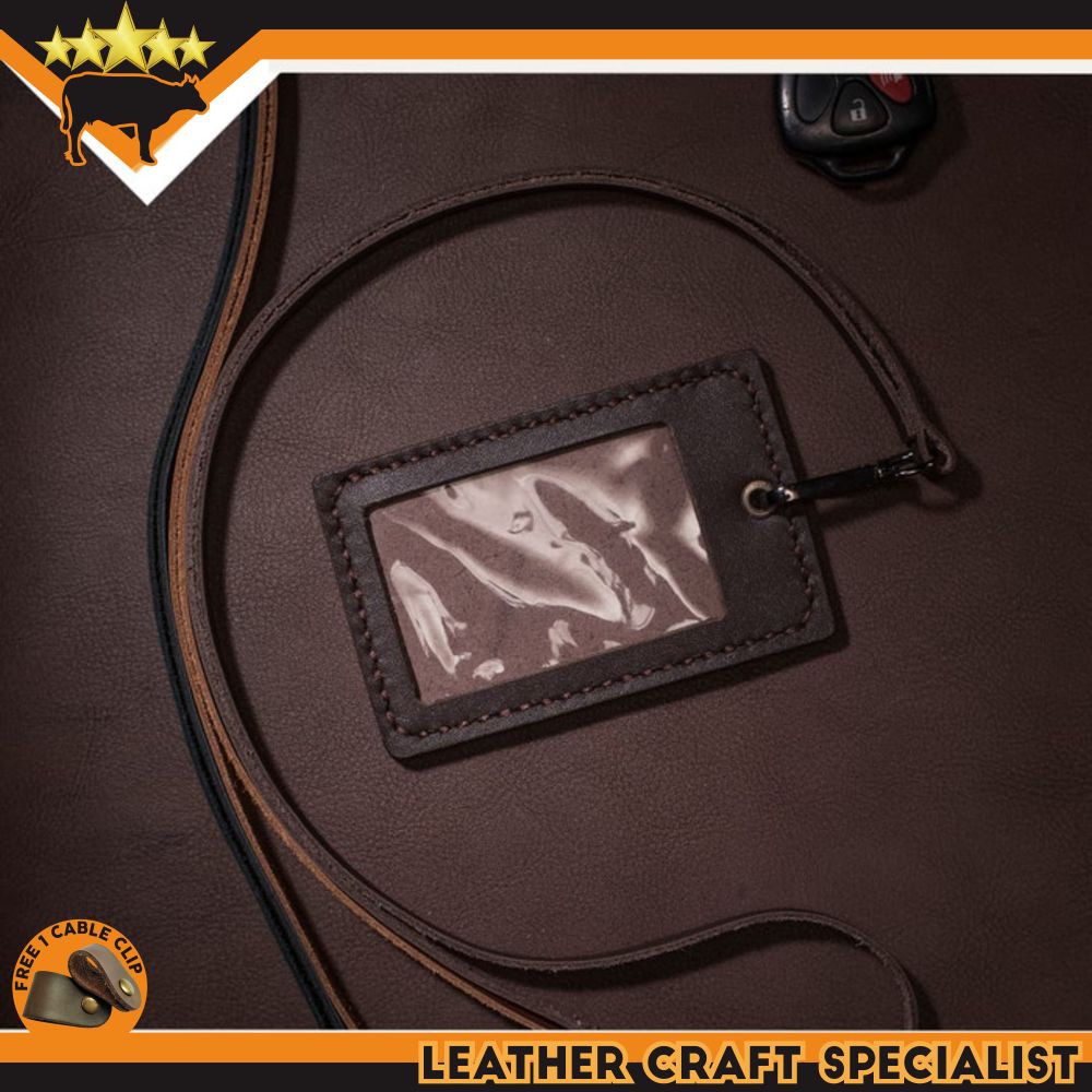 

NAME TAG ID CARD HOLDER KULIT ASLI HANDMADE WARNA DARK BROWN PROMO FREE CABLE CLIP
