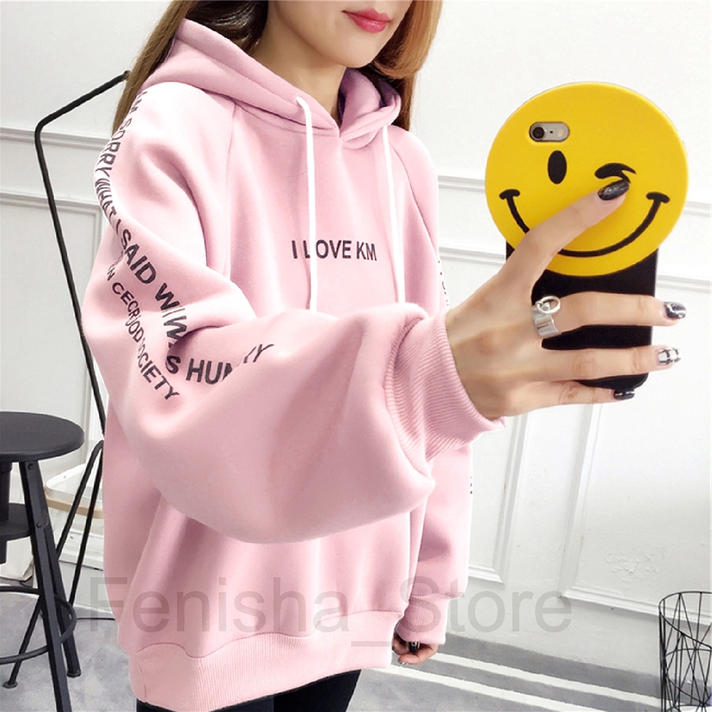 FenishaStore Sweater Hoodie Jumper Wanita I LOVE KM Bisa Bayar Ditempat COD