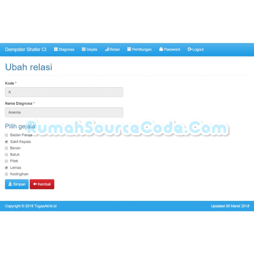 Source Code Sistem Pakar Metode Dempster Shafer Codeigniter