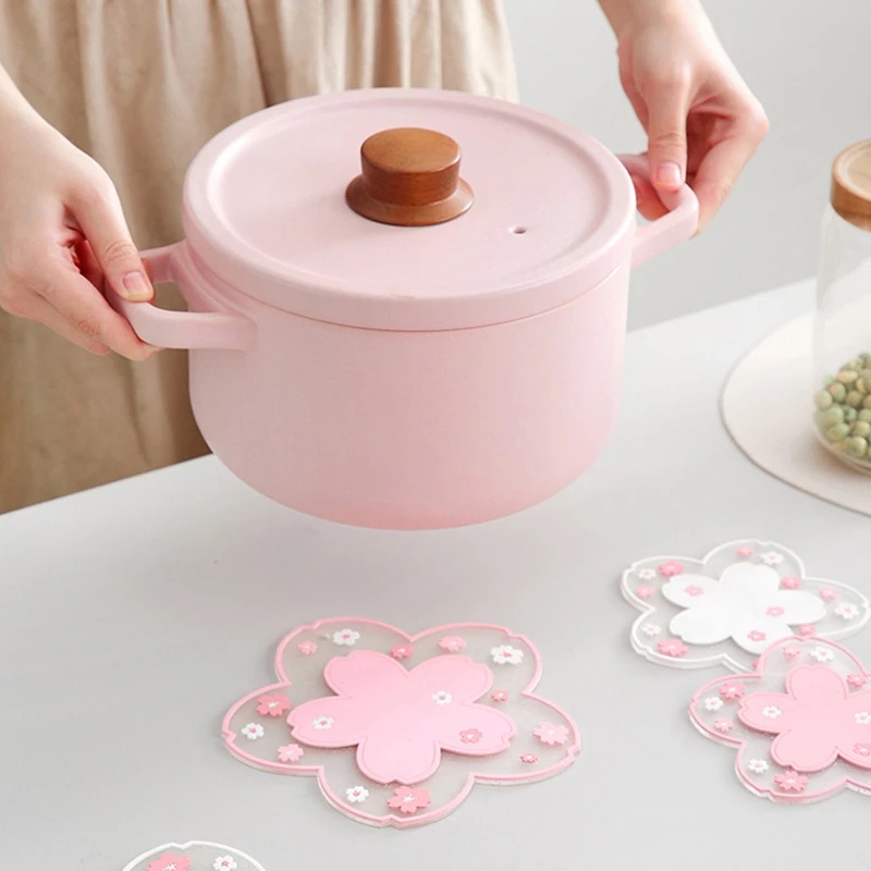 Tatakan Cangkir Teh Kopi Bahan PVC Transparan Insulasi Panas Motif Sakura Gaya Jepang