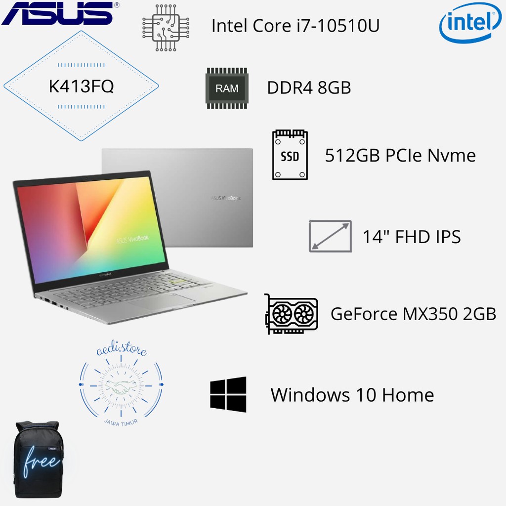 Laptop Asus Intel Core i7-10510,8gb,ssd512gb,14",MX350 2gb,win10,K413FQ