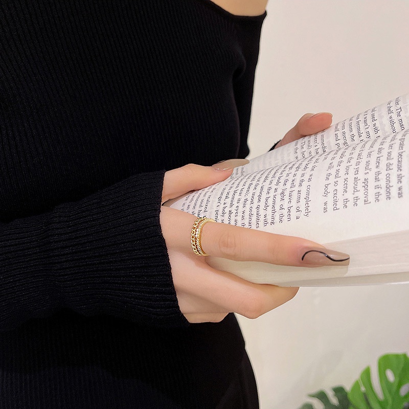 Cincin Berlian Mutiara Double layer Model Terbuka Adjustable Untuk Wanita