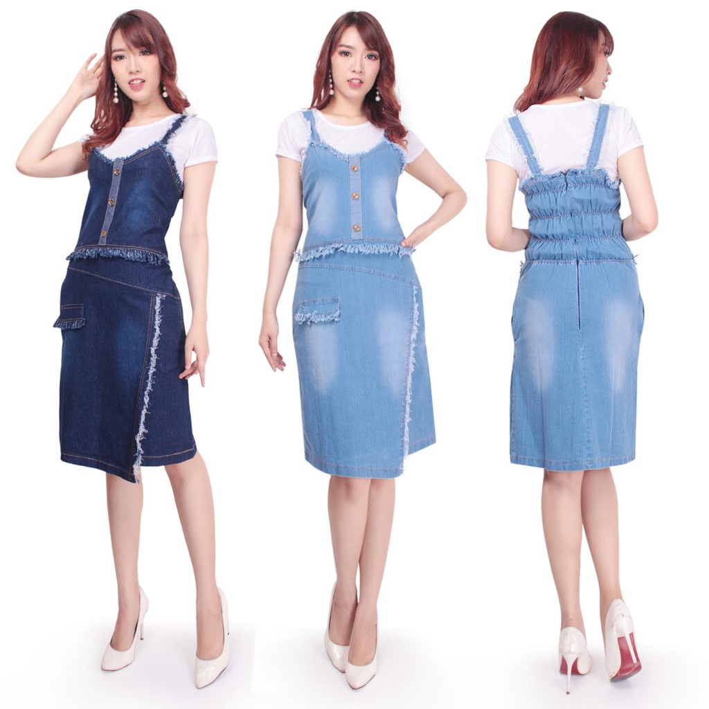 SB Collection Overall Dress Midi Nadhin Pendek Jeans Casual Wanita