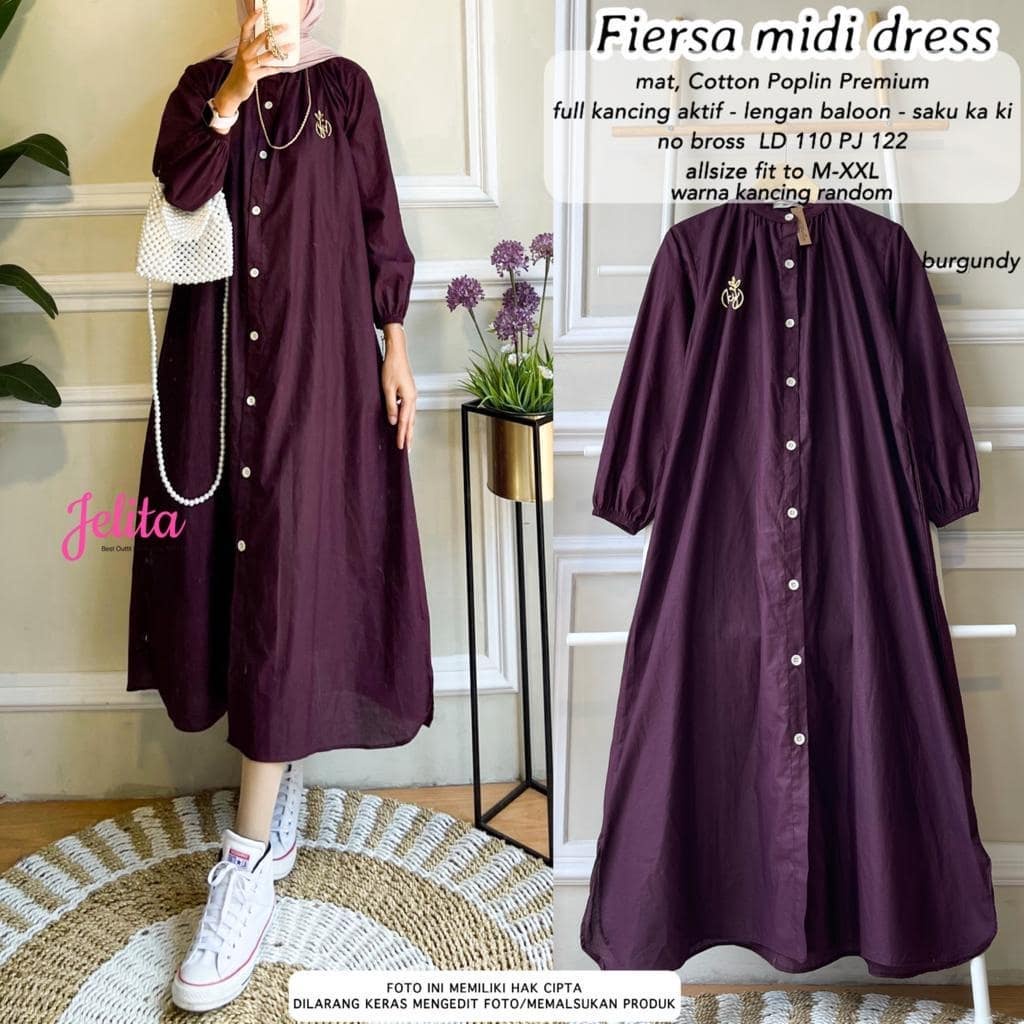 Tunik Panjang Kekinian Fiersa Midi Dress Atasan Katun Long Tunik Kancing Depan Gamis Midi Dress Baju Remaja Wanita