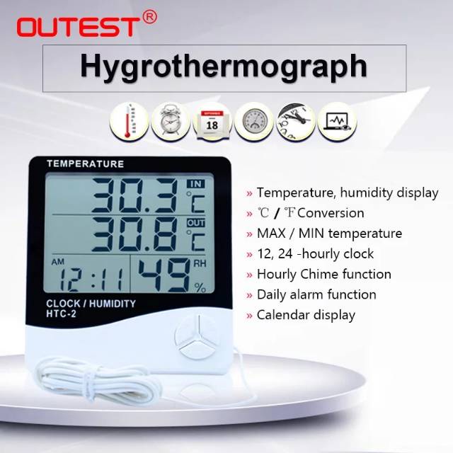 Digital LCD Clock Jam Meja Dinding Dual Temperature Termometer HTC-2