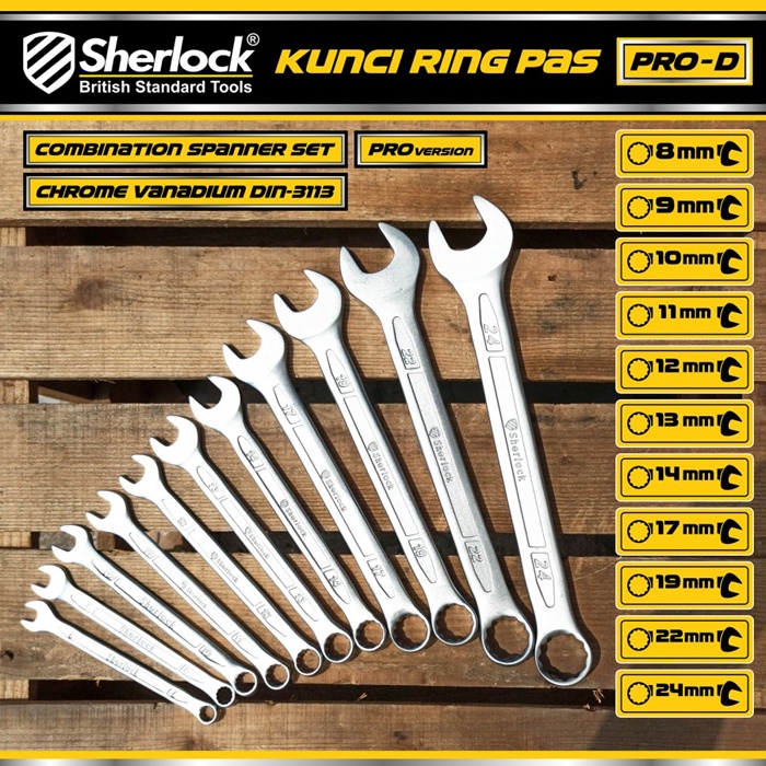 Kunci Ring Pas Set (11 pcs) Sherlock PRO-D 8mm -24 mm Chrume Vanadium DIN-3113