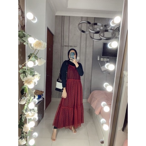 Gamis set outer dan dalaman terpisah (NEW) tulle polkadot merah all size