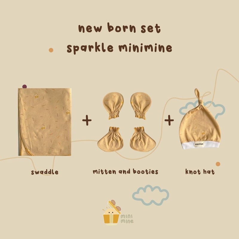 Minimine - New Born Set Print / paket bayi baru lahir berisi bedong sarung tangan kaki topi / selimut bayi / paket new born / swaddle / mitten and booties / knot hat / paket komplit bayi baru lahir / paket hemat murah